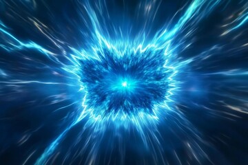 Obraz premium A close-up of an explosion with blue and white streaks, creating a dynamic burst effect. The background is dark blue. A large center of bright lines creates the illusion that it's exploding