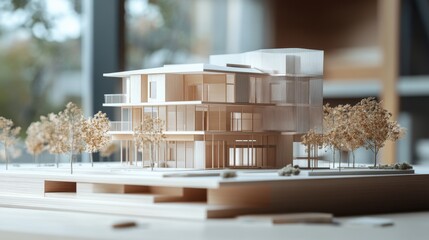 A detailed construction concept unfolds, featuring residential building drawings and a meticulously crafted architectural model that showcases the building is design and spatial harmony.