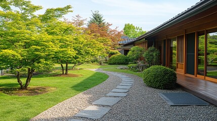 Obraz premium A Feng Shui-inspired front yard with small trees and open pathways for positive energy.