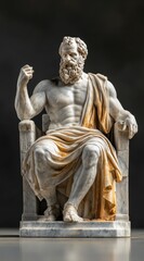 Ancient marble statue of a philosopher seated with a contemplative expression and classical attire in a museum setting