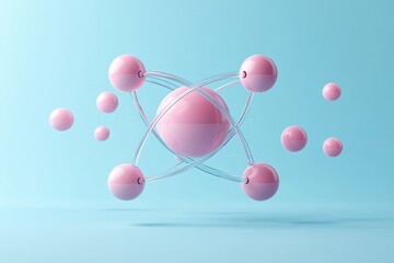 Pink Spheres Connected by Clear Arcs Floating on Blue Background