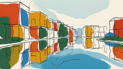 Line art of clear water lake with vibrant nature, rustic houses, and bright sky for a lively scene