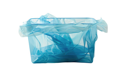Transparent blue plastic bag covering square container on transparent background