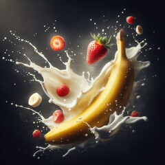 banana , Strawberry and milk splash floating in the air on dark background . Healthy Fresh fruits for smoothie and yogurt  .