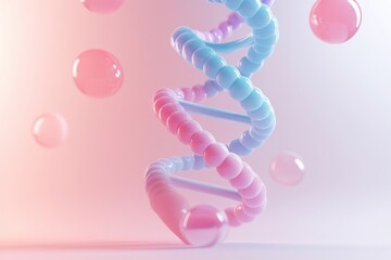 A colorful rendered image of a DNA double helix and spheres