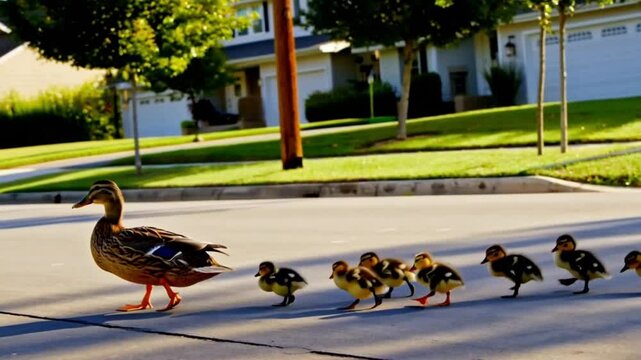 Mother duck with ducklings crossing the road in a suburban neighborhood
