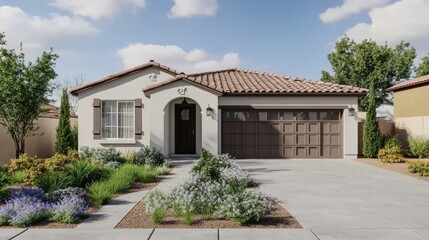 Fototapeta premium A front yard with an open and airy layout, featuring neatly arranged small shrubs and flowers.