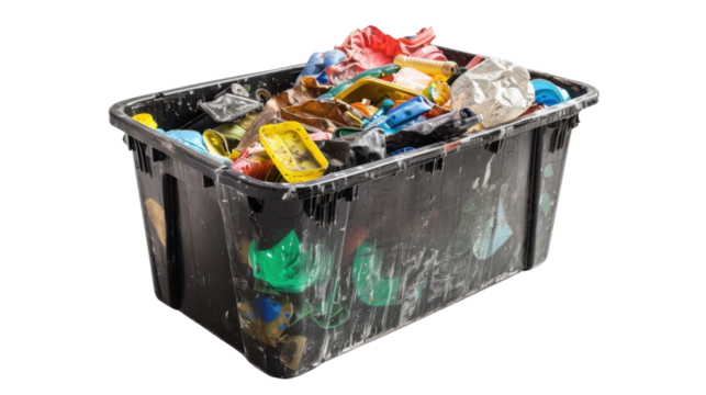 Overflowing plastic container filled with unsorted waste on transparent background