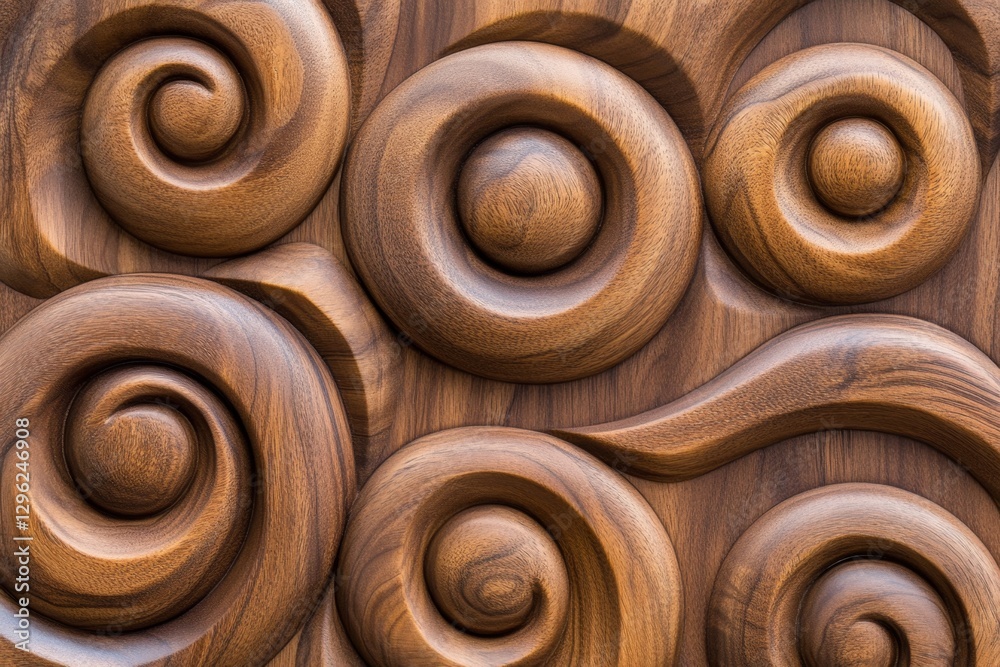 Poster A close-up of wood grain, showcasing the intricate patterns and textures that make up natural materials like walnut or cherry. The background is a warm brown color with soft lighting to highlight
