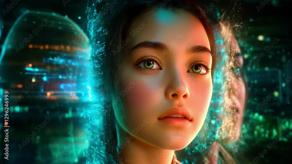 Wall mural bitcoin floating in a futuristic digital space, glowing bitcoin symbols suspended in a high-tech dig