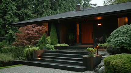 Fototapeta premium A home entrance with a well-organized front yard, blending greenery with modern landscaping.