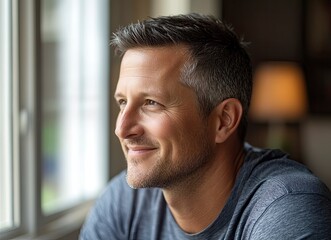 Obraz premium Close-up portrait of a handsome, smiling man with short hair and a beard, looking to the side with a window in the background. 