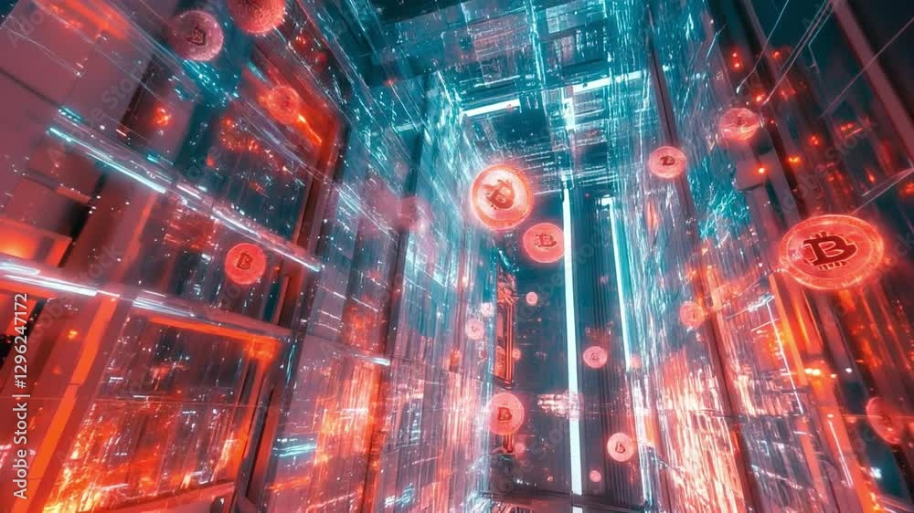 Wall mural bitcoin floating in a futuristic digital space, glowing bitcoin symbols suspended in a high-tech dig