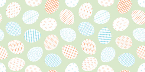 Light green Happy Easter seamless pattern with colorful decorating eggs. Ornate simple eggs texture for Easters package, gift wrapping paper, textile, covers, background