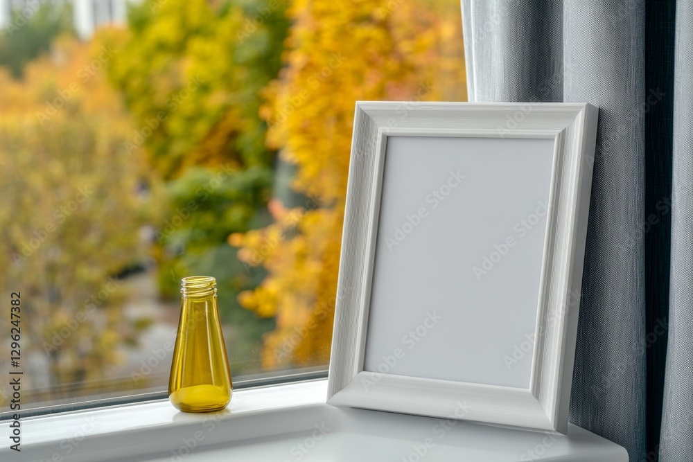 Aufkleber A close-up photo of an empty white picture frame on top of the window sill in front of large windows with light gray curtains. Next to it is a lamp and a bottle. The background outside shows