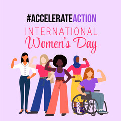 A poster for International Women's Day featuring a group of women with a slogan that reads "accelerate action"