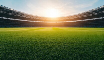 Fototapeta premium Beautiful Sunset Over a Lush Green Sports Field in Stadium