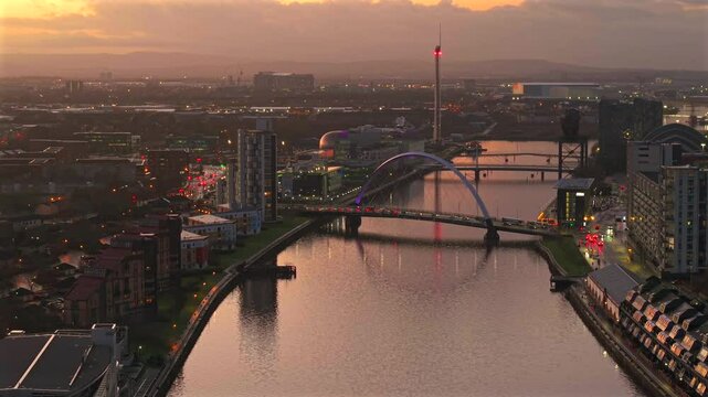 Aerial Clyde river Glasgow with Arc bridge, armadillo and millenium