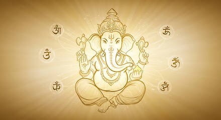 Ganesha Illustration Sitting in Lotus Position with Om Symbols