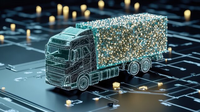 A semi truck with a box full of lights on the road.