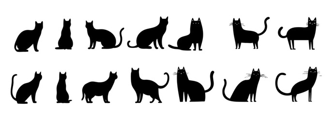 different black cat silhouette illustrations in a flat, minimal style, featuring various poses and expressions. 
