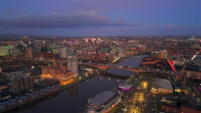 Aerial rush hour traffic M8 motorway highway Glasgow across river Clyde bridge