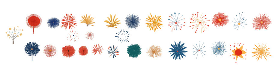 A set of different fireworks illustrations in bright colors