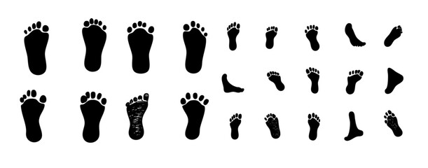 Minimalist black human footprint vector icons, featuring clean shapes, bold outlines, and simple designs. 