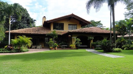 A house with a well-planned front yard, featuring trees at least  meters from the house.