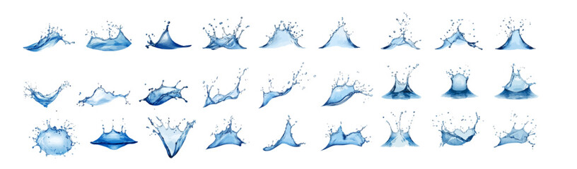 Fototapeta premium A set of water splash icons in a vector illustration style, featuring various dynamic shapes in different shades of blue