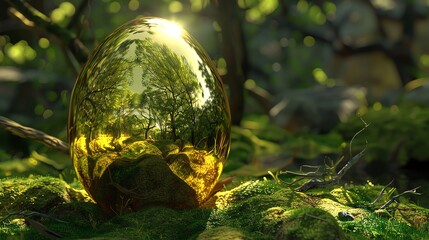 A large, golden egg rests on a bed of moss in a forest.