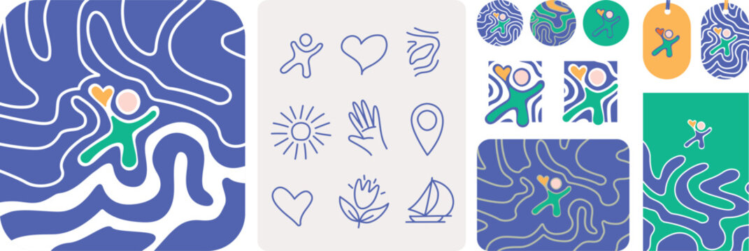 planche d'&eacute;l&eacute;ments graphiques pour illustrer l'attachement et le respect pour son territoire avec les valeurs d'&eacute;changes, de d&eacute;placement doux, de production locale, de tourisme responsable