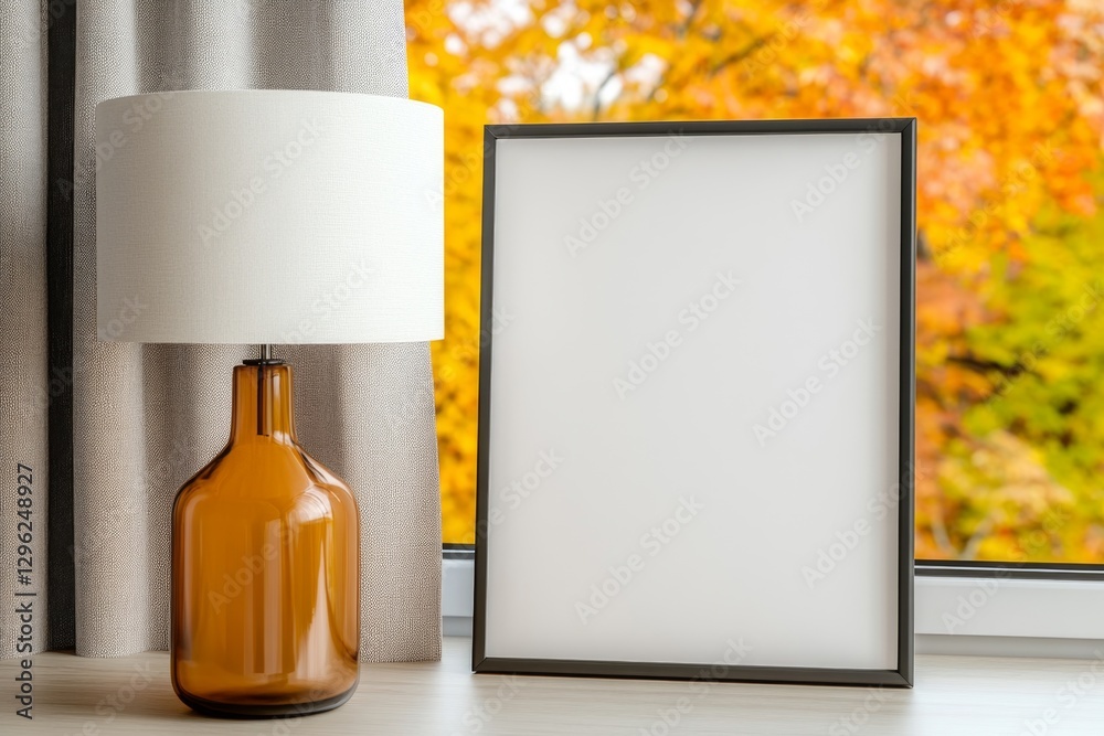 Poster A close-up photo of an empty white picture frame on top of the window sill in front of large windows with light gray curtains. Next to it is a lamp and a bottle. The background outside shows