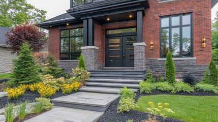 Obraz premium A modern home entrance with trees placed at a safe distance to prevent root damage.