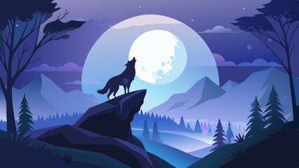 A lone wolf howling, captured in silhouette form, standing on a hill under a full moon © williamnoah