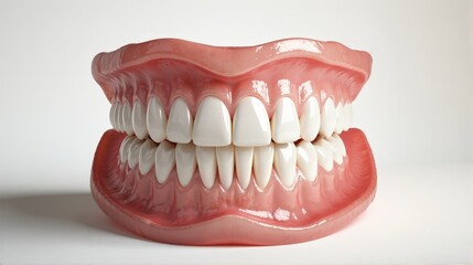 Fototapeta premium Close-up image of a full set of realistic dentures against a white background.