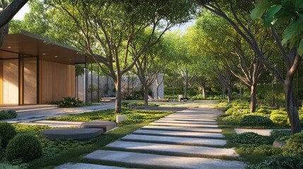 Fototapeta premium A modern home landscape with trees positioned strategically based on sunlight direction.