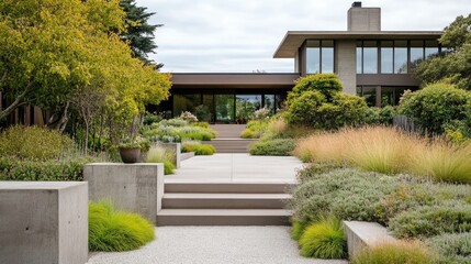 A modern home with an elegant front yard that enhances curb appeal with a fresh and open design.