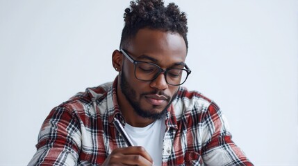 Closeup portrait of a young Black man with glasses writing in a notebook.