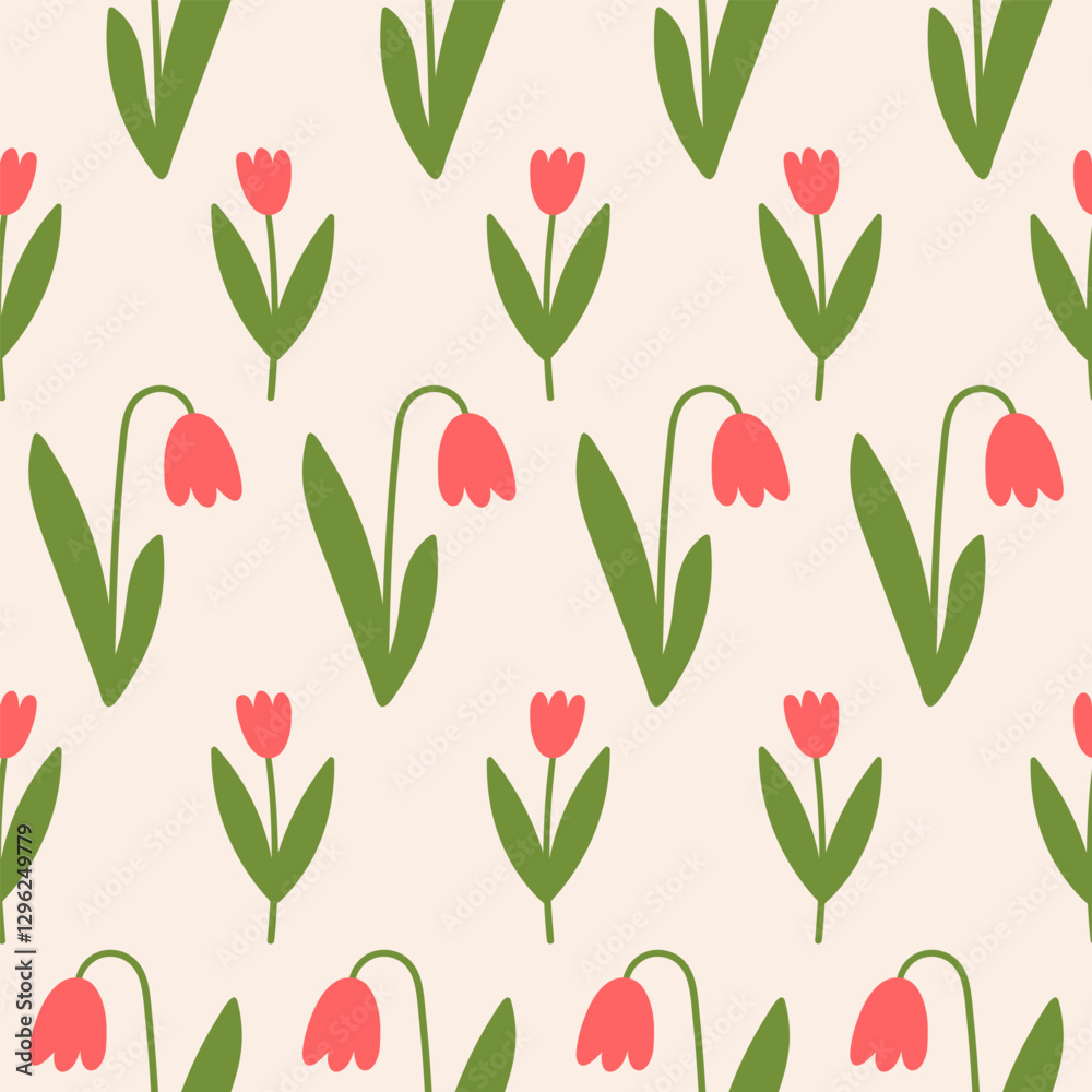 Poster seamless pattern with random tulip flowers on a beige background. cute floral minimal print. vector 