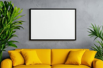 Bold yellow couch with a blank poster above creating a minimalist aesthetic in a contemporary living room