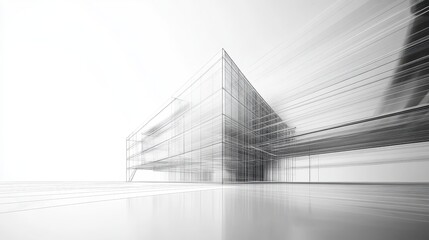 A 3D wireframe model of a futuristic building, showcasing its design and structure, against a minimalist architectural backdrop. The viewer is invited to explore the model, imagining it built from