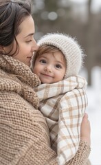 Obraz premium Close up portrait of a mother and her baby daughter outdoors in the winter. They are both warmly dressed in knitted clothes and blankets.