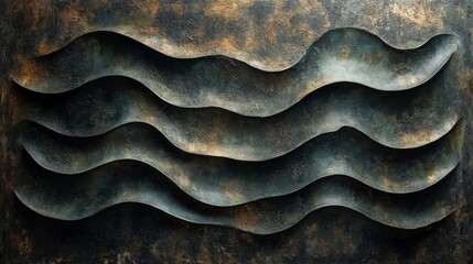 Metallic wall art composed of layered flowing wave shapes