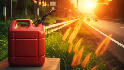 full red gasloine oil can for trucks and mobil cars on highway	corner on the grass at sunset