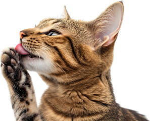 Fototapeta premium Playful tabby cat grooming itself with tongue, close-up view highlighting fur texture and facial expression