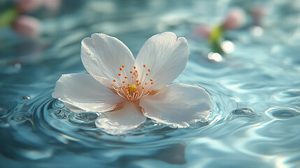 A single delicate cherry blossom petal floating on a crystal-clear pond