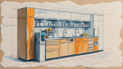 Kitchen Interior Design Drawing. Orange Color. Sink, Counters, Cabinets, Fruits. Hand drawn home furniture sketch on rough paper.