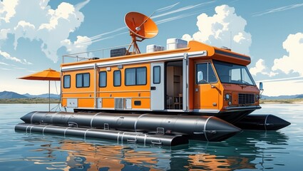 Orange RV Boat Floating on Water. Black Pontoon Structure Supports Camper. Antenna on Roof. Sunny Day. Clear Sky. Illustration.