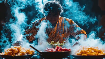 A young male chef concentrates intensely as he prepares a delicious meal, surrounded by dramatic blue smoke.
